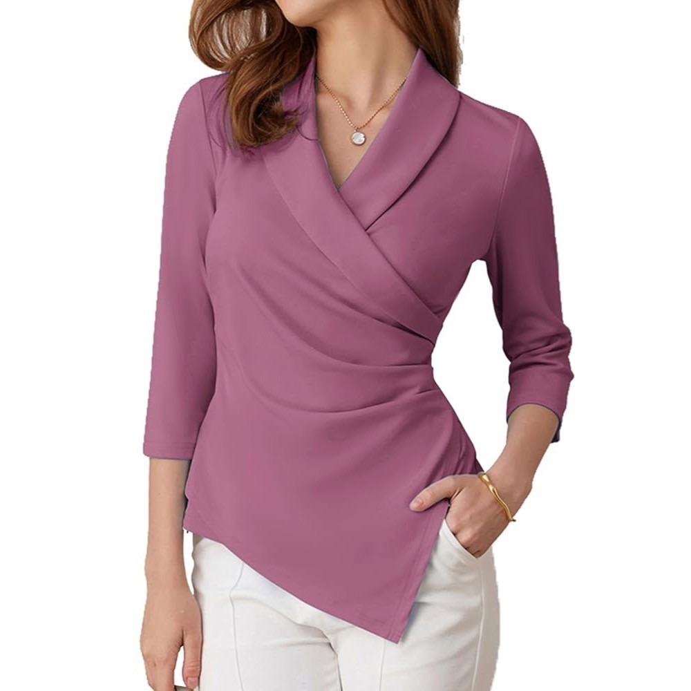 Grace‎ Karin Women's Wrap Top Cascade Collar 3/4 Sleeve Asymmetric Blouse Large